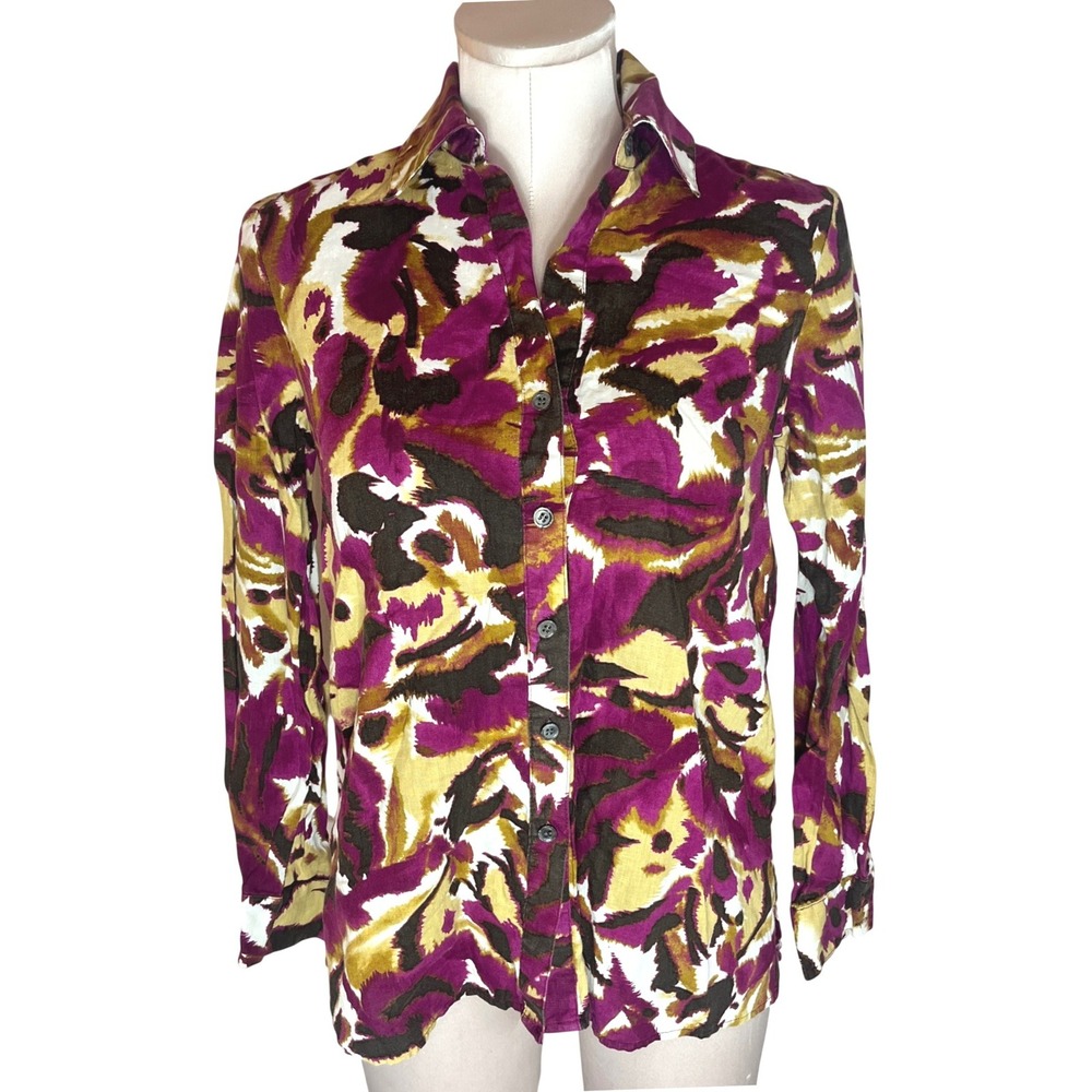Kate Hill Petite 100% Linen Button Down Shirt Magenta Mustard Abstract Print PXS